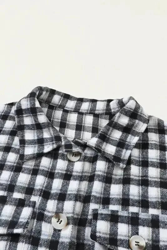 Shackets Plaid Button-Up Tunic Shacket with Pockets