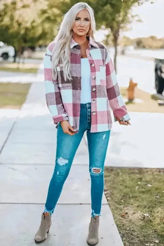 Shackets Plaid Color Block Button Down Jacket