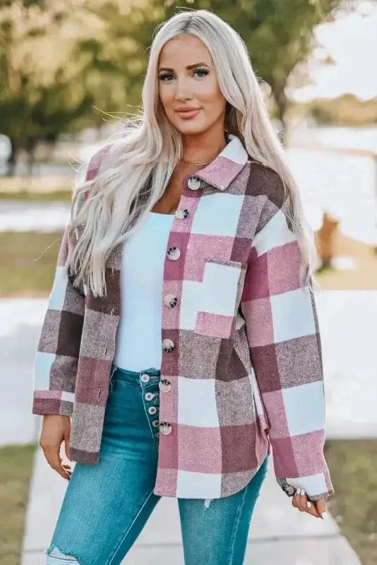 Shackets Plaid Color Block Button Down Jacket