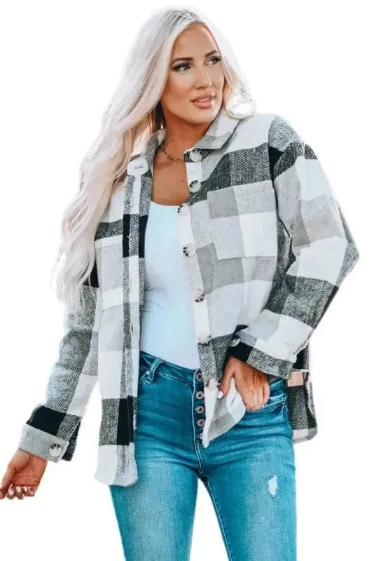 Shackets Plaid Color Block Button Down Jacket