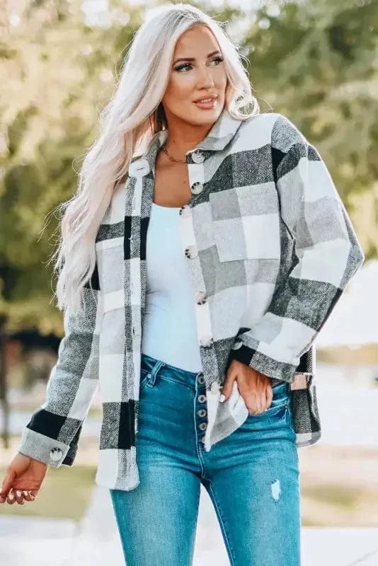 Shackets Plaid Color Block Button Down Jacket