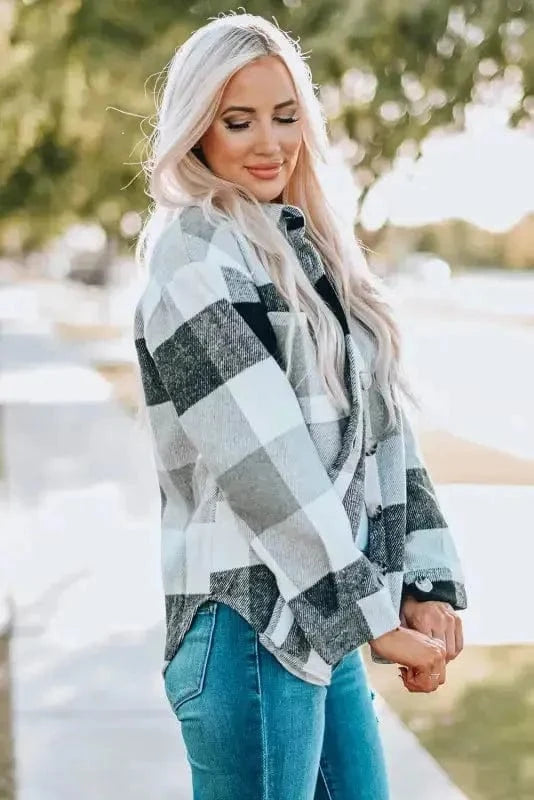 Shackets Plaid Color Block Button Down Jacket