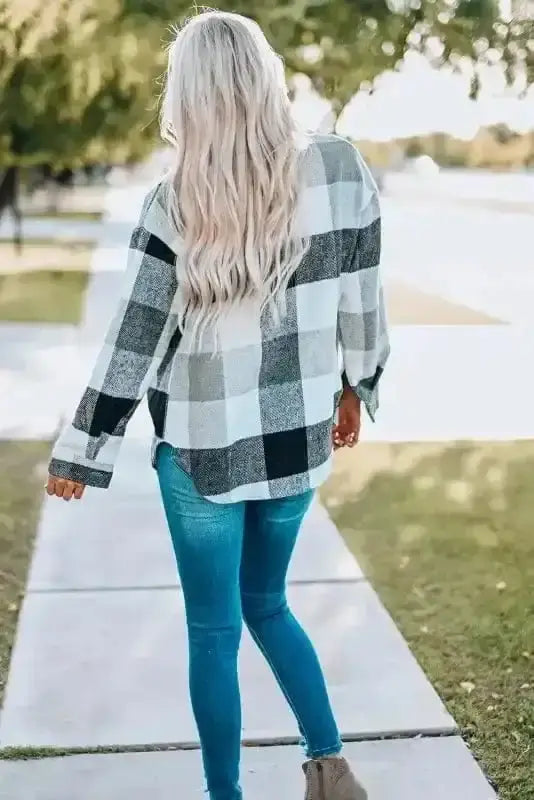 Back view of women's gray plaid color block jacket, showing relaxed fit and curved hem for comfortable daily wear.