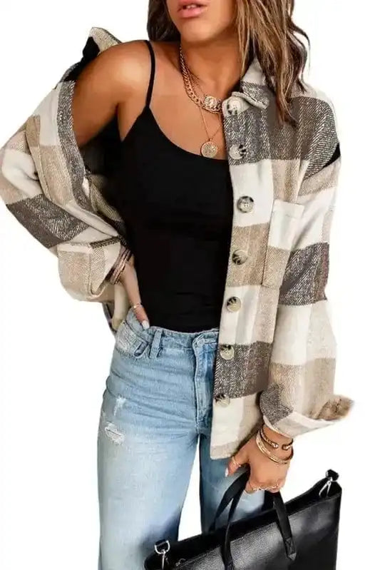 Plaid button down jacket for women in khaki and gray color block design, styled with black tank top and ripped jeans for casual fall fashion.