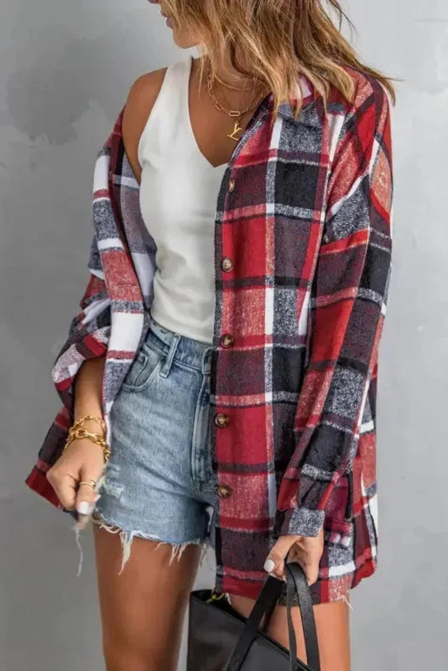 Shackets Red Plaid Buttoned Shirt Jacket