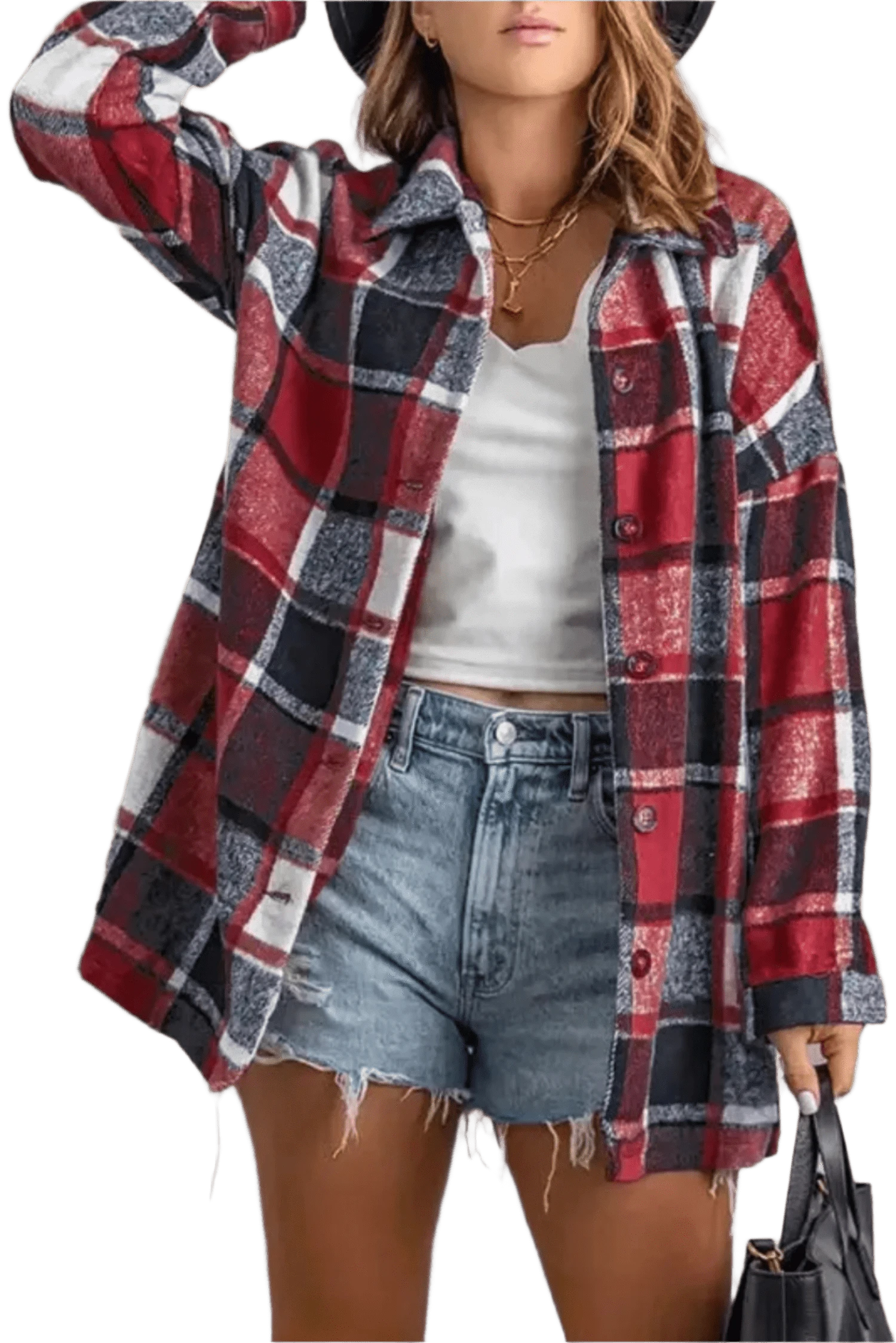 Shackets Red Plaid Buttoned Shirt Jacket