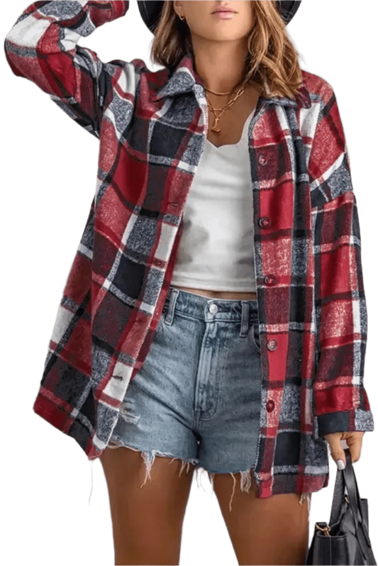 Shackets Red Plaid Buttoned Shirt Jacket