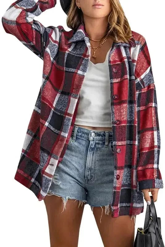 Shackets Red Plaid Buttoned Shirt Jacket