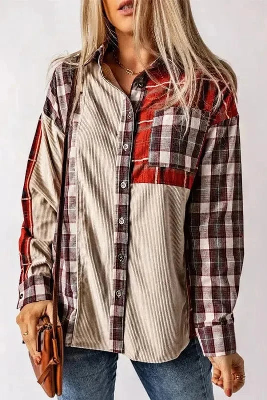 Shackets Red / S / 100%Cotton Plaid Corduroy Patchwork Shacket