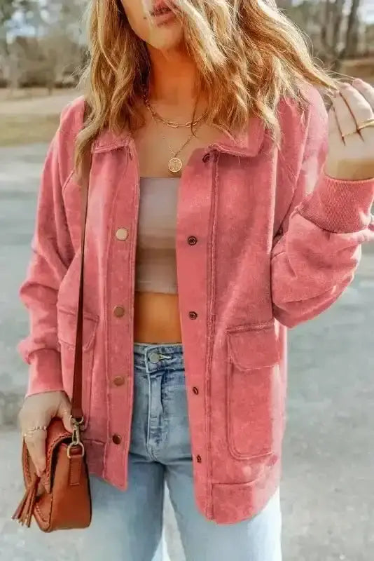 Shackets Red / S / 80%Polyester+20%Cotton Vintage Washed Button Shacket Jacket