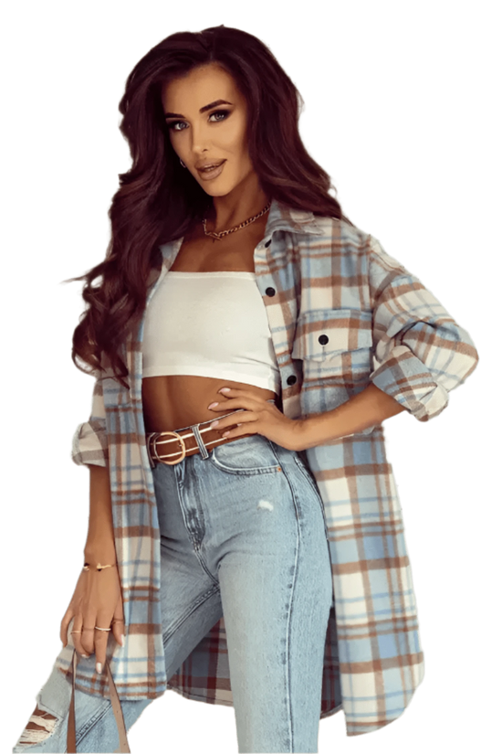 Shackets Sky Blue / S / 100%Polyester Classic Plaid Shacket with Flap Pockets