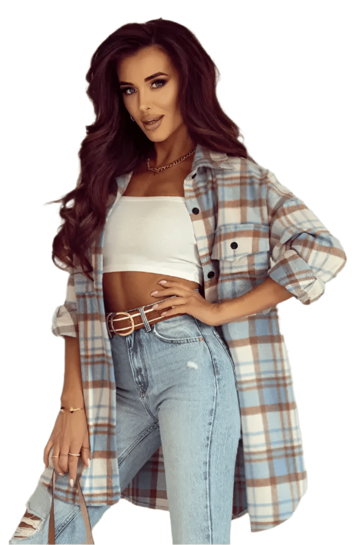 Shackets Sky Blue / S / 100%Polyester Classic Plaid Shacket with Flap Pockets