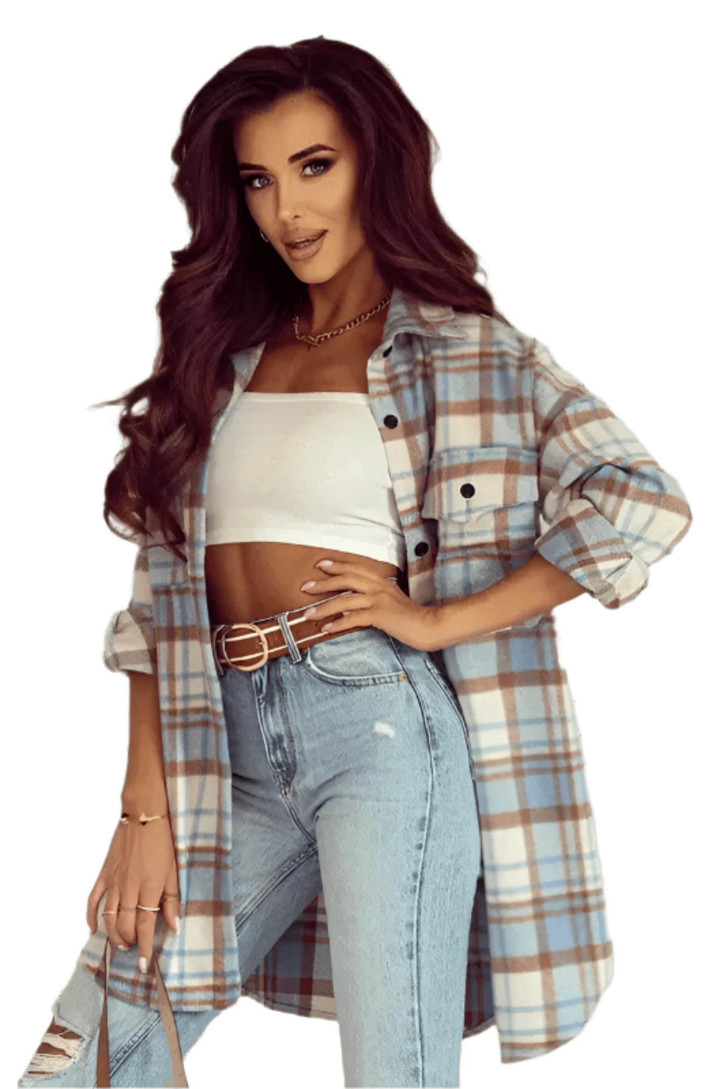 Shackets Sky Blue / S / 100%Polyester Classic Plaid Shacket with Flap Pockets