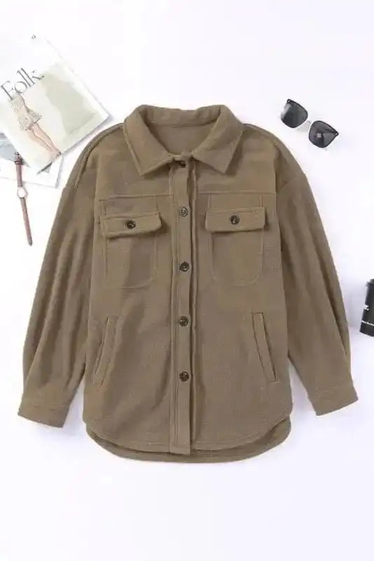 Shackets Turn Down Collar Buttoned Shirt Jacket