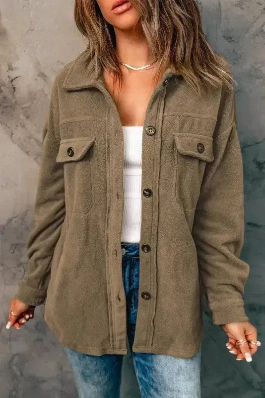 Shackets Turn Down Collar Buttoned Shirt Jacket
