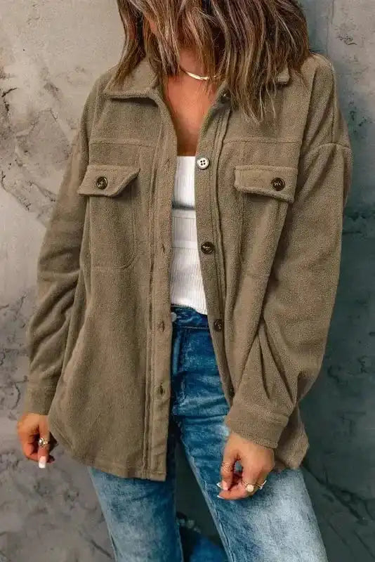 Shackets Turn Down Collar Buttoned Shirt Jacket