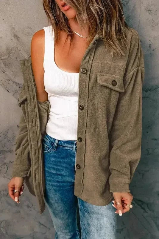 Shackets Turn Down Collar Buttoned Shirt Jacket