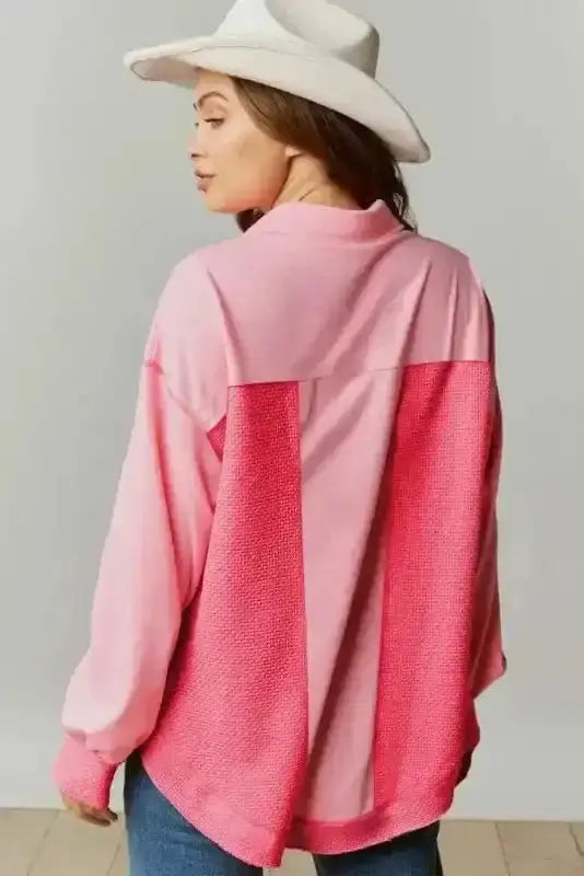 Two-tone waffle knit shacket back view — Fashionfitz UK
