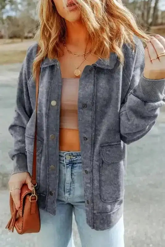 Shackets Gray / S / 80%Polyester+20%Cotton Vintage Washed Button Shacket Jacket