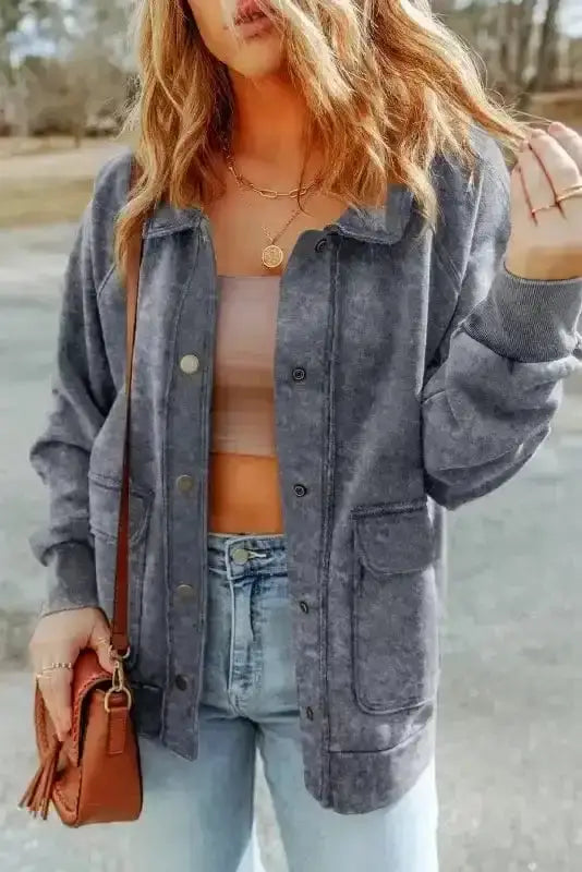 Shackets Gray / S / 80%Polyester+20%Cotton Vintage Washed Button Shacket Jacket