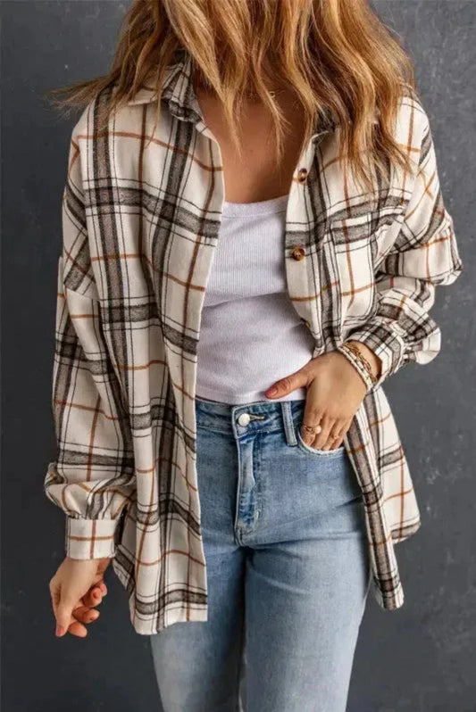 Shackets White / S / 95%Polyester+5%Elastane Plaid Button Front Western Style Shacket