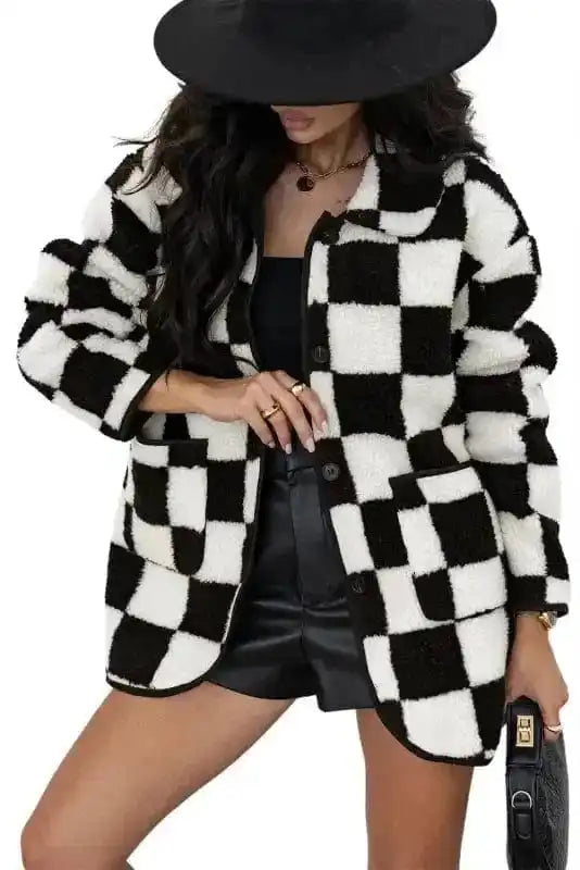 Sherpa Jackets CheckMate Fleece – Women's Black Checkered Jacket