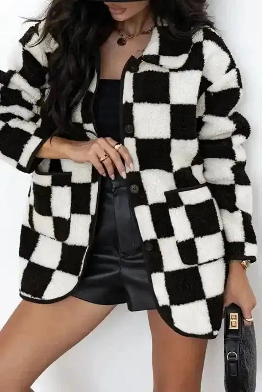 Sherpa Jackets CheckMate Fleece – Women's Black Checkered Jacket