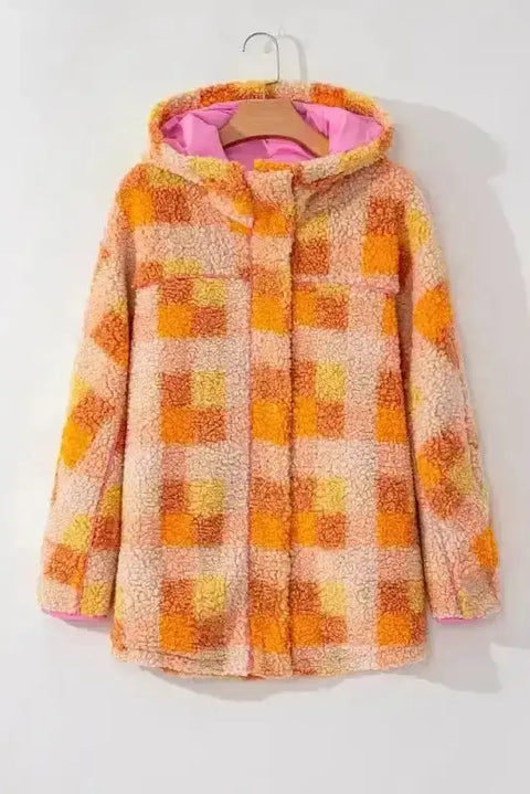 Orange check sherpa hooded jacket front view — Fashionfitz UK