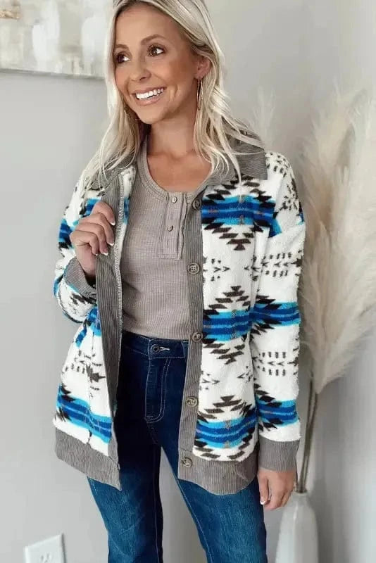 Sherpa Jackets White Western Sherpa Corduroy Trim Jacket