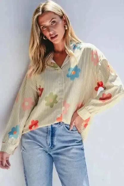 Shirts Apricot Stripe / S / 100%Polyester Floral Striped Loose Fit Shirt
