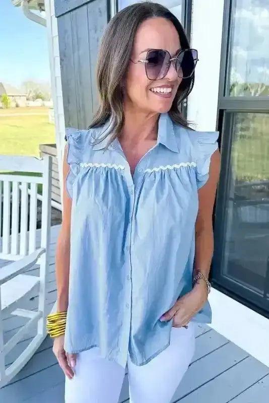 Close-up of Azure Blue Ruffle Sleeve Colour Block Blouse showing dramatic ruffle detail and azure blue fabric — Fashionfitz