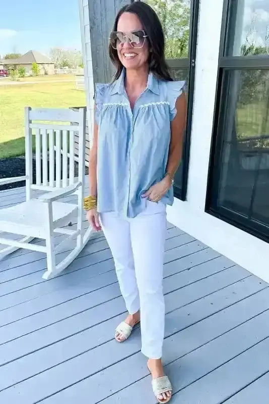 Side view of Azure Ruffle Sleeve Colour Block Blouse showing structured silhouette and colour block construction — Fashionfitz