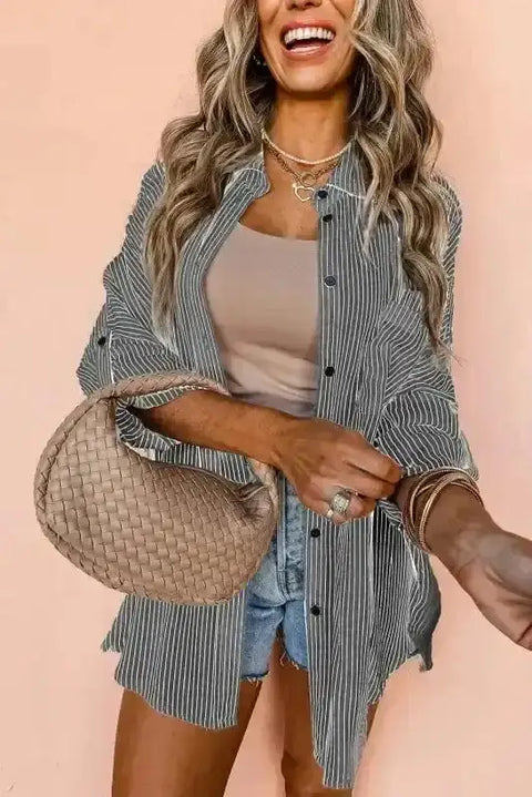 Blue striped longline tab sleeve smart casual shirt front view — Fashionfitz UK