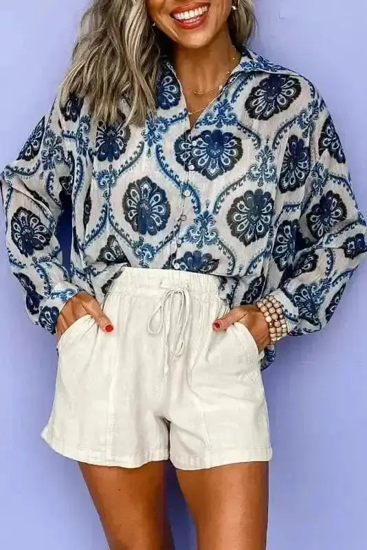 Floral Print Boho Loose Fit Button-Up Shirt Women UK in blue — front view showing vibrant floral boho print and shirt collar — Fashionfitz