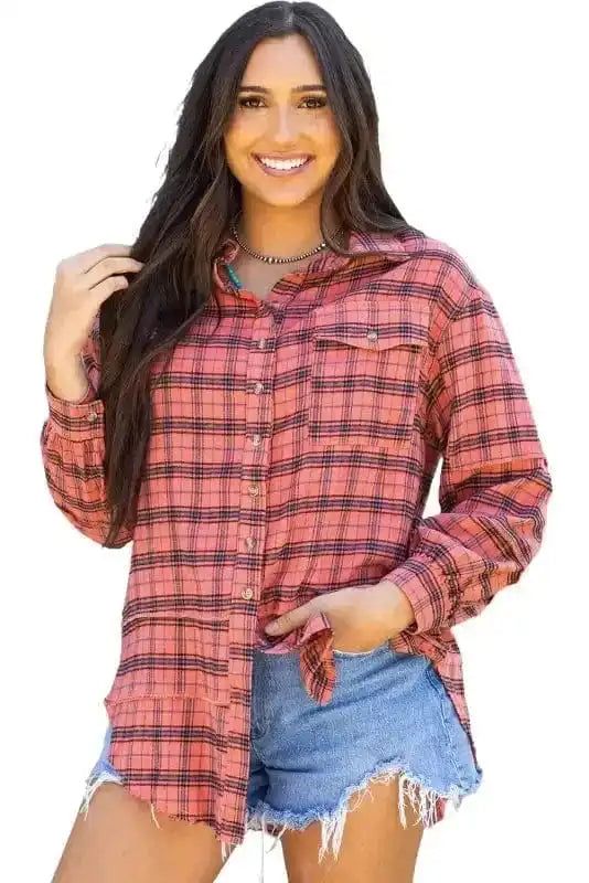 Shirts Boho Plaid Split Tail Shirt