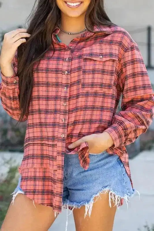Shirts Boho Plaid Split Tail Shirt