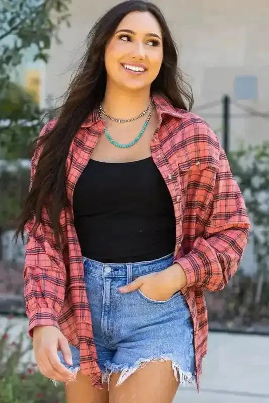 Shirts Boho Plaid Split Tail Shirt