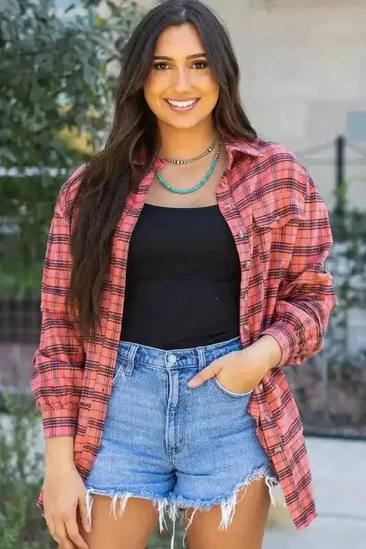 Shirts Boho Plaid Split Tail Shirt