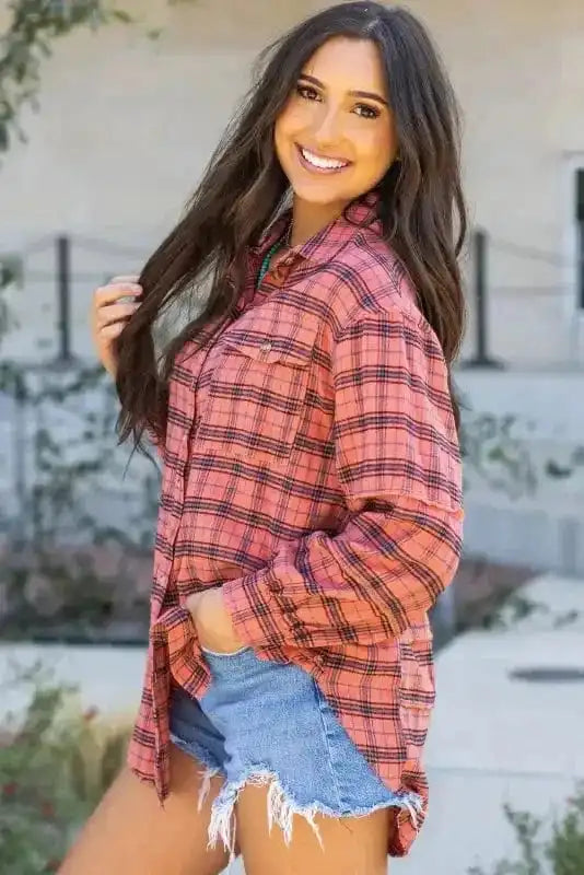 Shirts Boho Plaid Split Tail Shirt