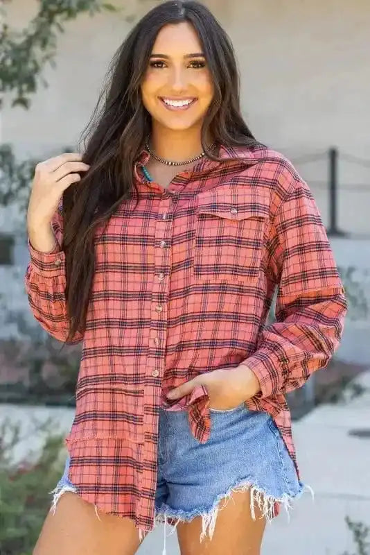 Shirts Boho Plaid Split Tail Shirt
