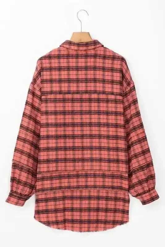 Close-up of Red Plaid Split Tail Boho Shirt showing rich red plaid pattern and split tail hem construction on 100% cotton — Fashionfitz