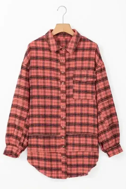 Side view of Red Plaid Split Tail Boho Shirt showing flutter sleeve detail and characterful Western silhouette — Fashionfitz