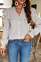 Shirts Brown / S / 95%Polyester+5%Elastane Crosshatch Chic Ruffle Shirt
