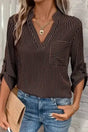 Striped Roll-Up Sleeve V-Neck Shirt Women UK in brown stripe — front view showing classic brown and white stripe and V-neckline — Fashionfitz