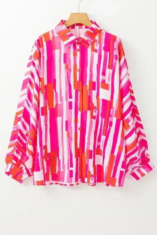 Pink Abstract Print Batwing Button-Front Shirt Blouse Women UK styled as a distinctive smart-casual occasion outfit — Fashionfitz