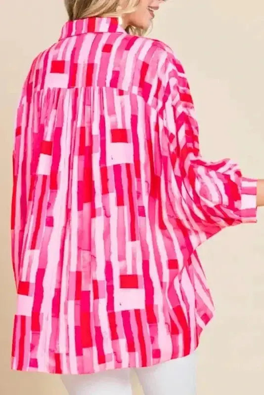 Close-up of Abstract Print Batwing Button-Front Shirt showing bold pink abstract print and button-front detail — Fashionfitz