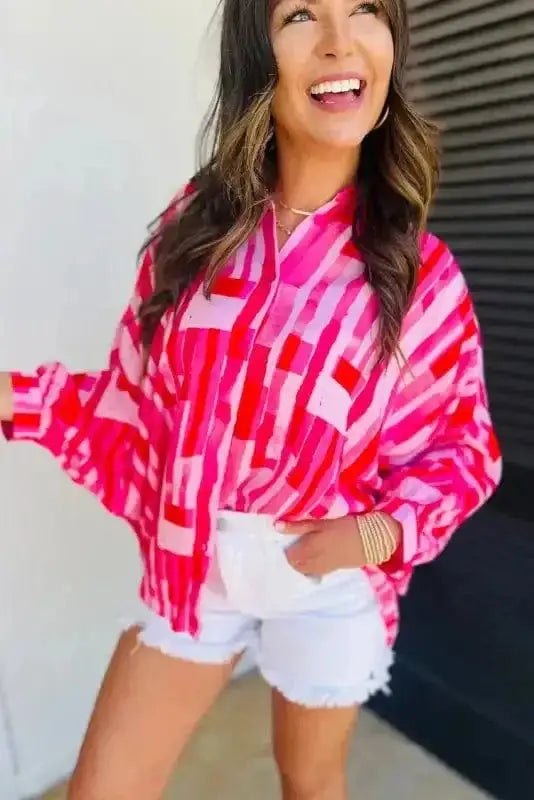 Side view of Abstract Batwing Shirt Blouse showing batwing sleeve structure and shirred bodice detail — Fashionfitz