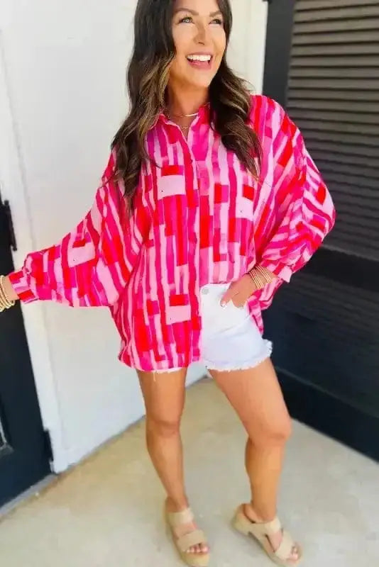 Back view of Abstract Print Batwing Button-Front Shirt showing dramatic batwing sleeve drape and shirt collar — Fashionfitz