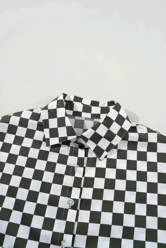 Side view of Checkerboard Loose Fit Casual Shirt showing flutter sleeve detail and 100% cotton fabric drape — Fashionfitz