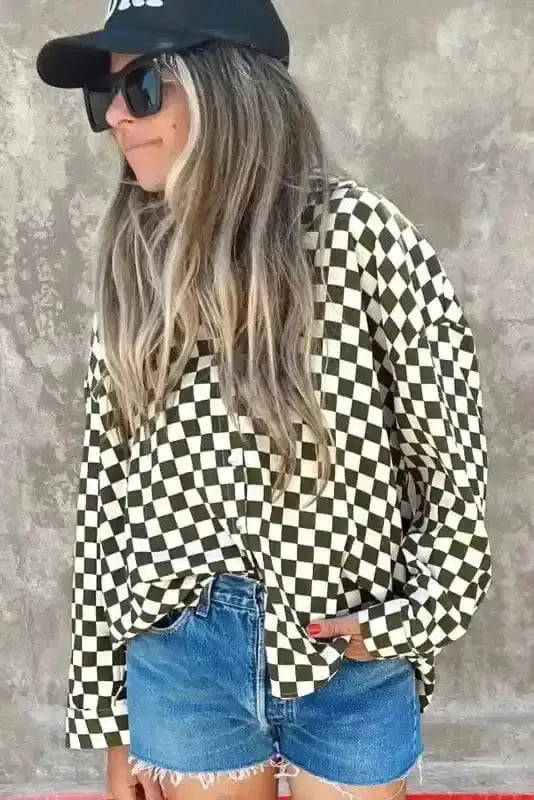 Back view of Checkerboard Loose Fit Casual Shirt showing generous loose fit and long sleeve silhouette — Fashionfitz